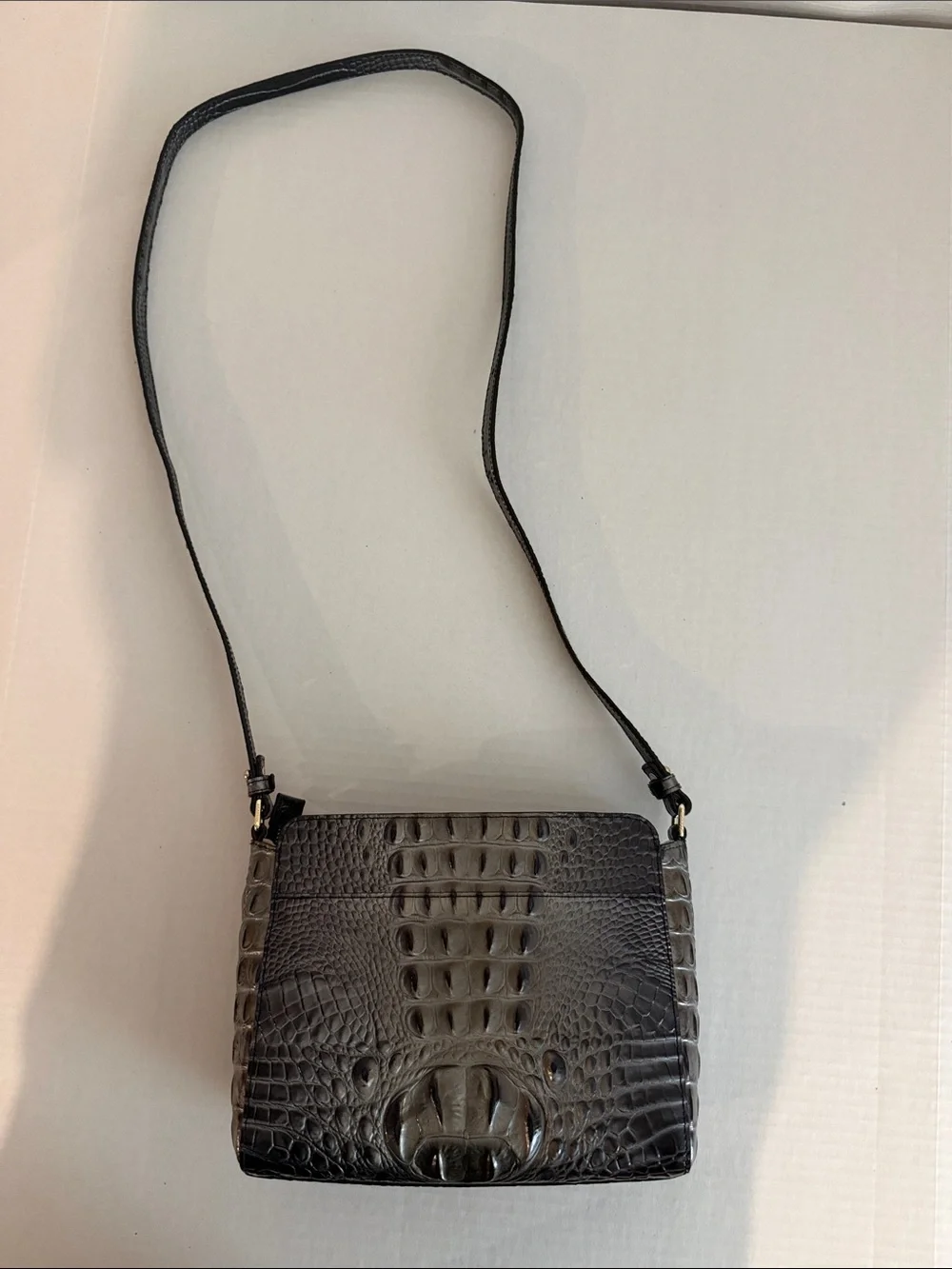 Brahmin Black Croc-Embossed Crossbody with Gold Hardware